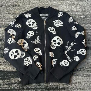 NWOT ALI & DERECK Skull & Skeleton Knit Embroidered Zip-Up Sweater